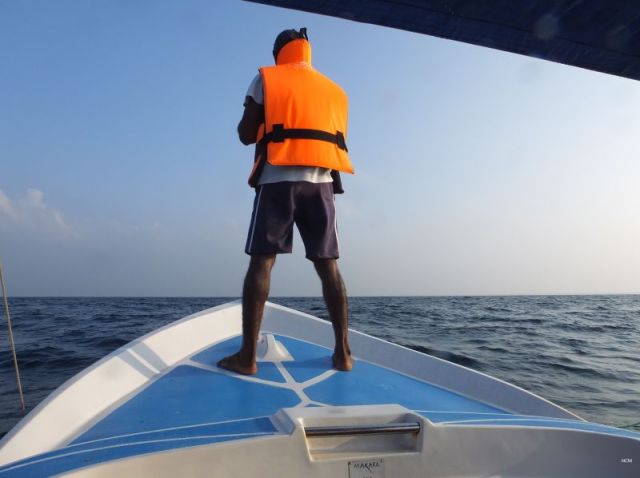 Yikes, no safety rope as our guide searches for dolphins
