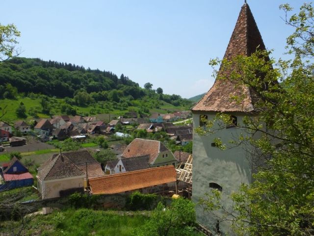 Looking over Biertan from the hilltop where the church was